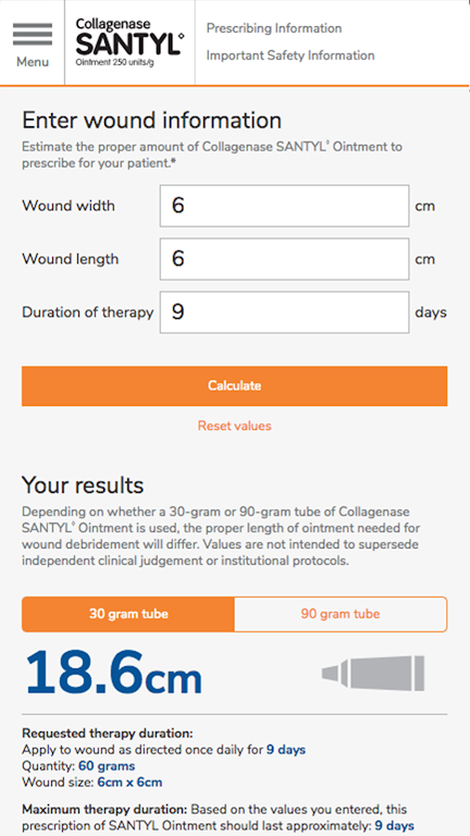 SANTYL* Ointment calculator screenshot 2